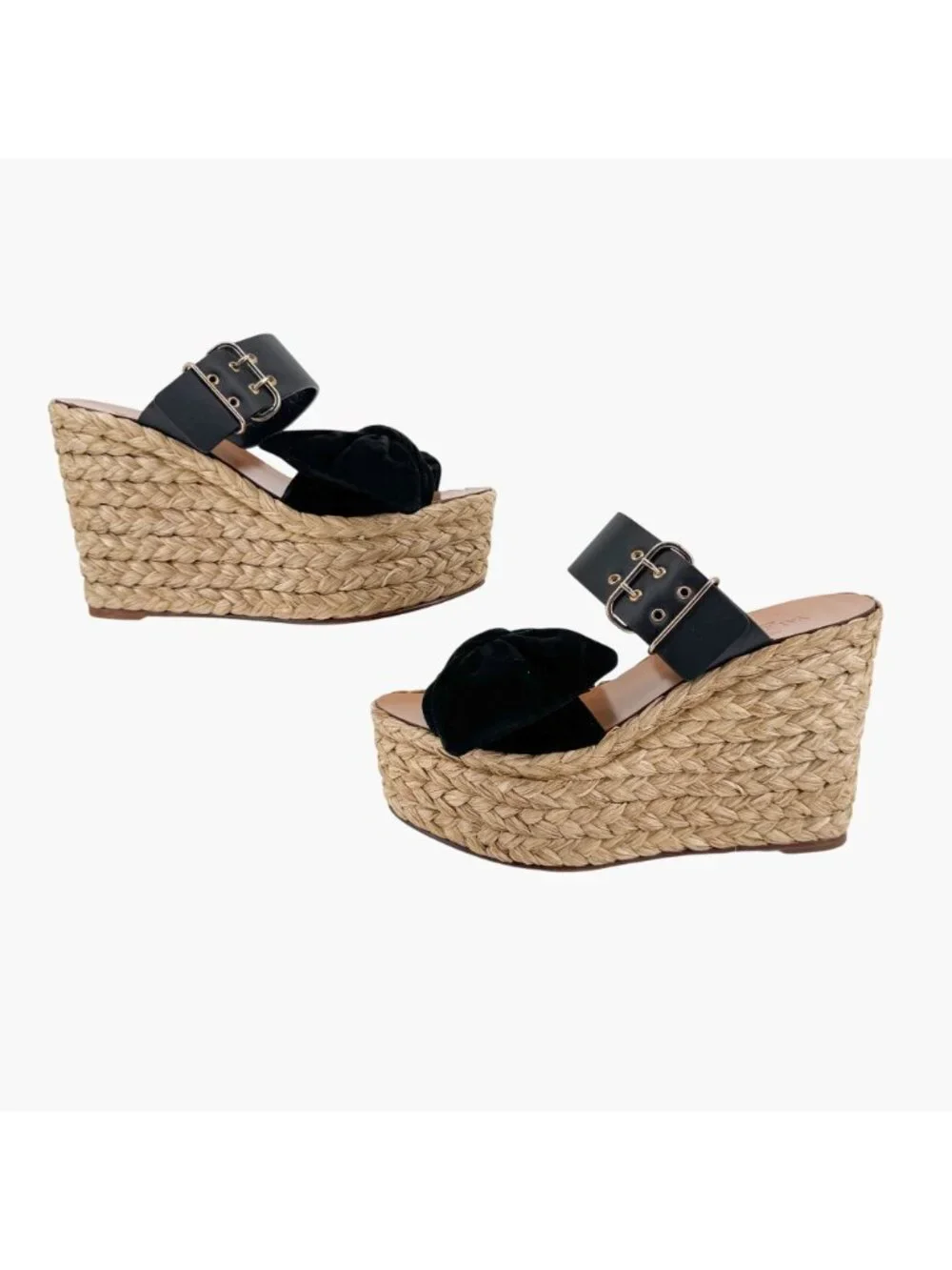 Valentino Black Suede Bow Braided Raffia Espadrille Wedge Sandals Size 38 US 8